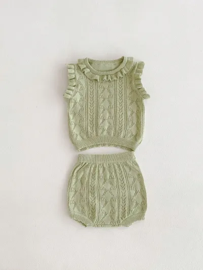 Kids Baby Girls Casual Cute Solid Color Sleeveless Knitted Top and Shorts Set