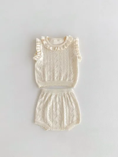 Kids Baby Girls Casual Cute Solid Color Sleeveless Knitted Top and Shorts Set
