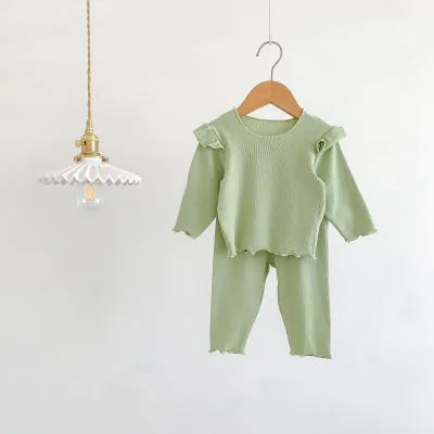 Kids Baby Girls Casual Cute Solid Color Rib-Knit Long Sleeve Top Trousers Sets