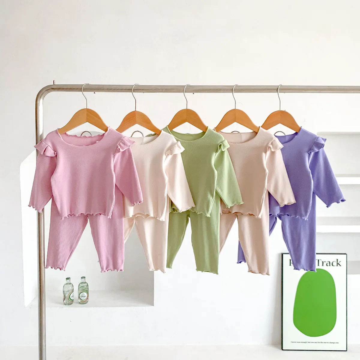 Kids Baby Girls Casual Cute Solid Color Rib-Knit Long Sleeve Top Trousers Sets