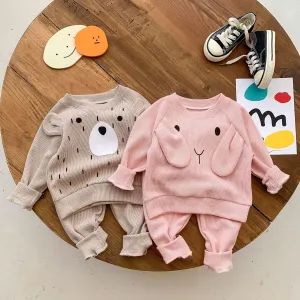 Kids Baby Boys Girls Casual Cute Cartoon Animal Waffle Long Sleeve Sweatshirts Pants Sets Two-Piece