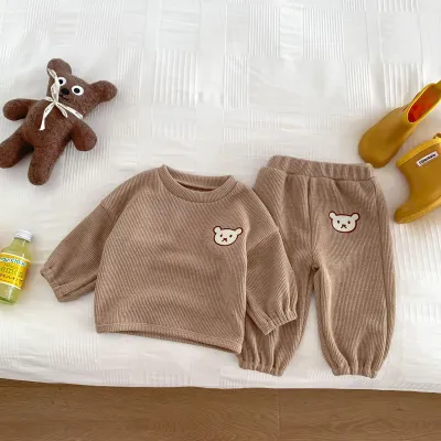 Kids Baby Boys Girls Casual Cute Cartoon Rib-Knit Long Sleeve Sweatshirts Pants Set Two-Piece Neutral Thickening Cotton