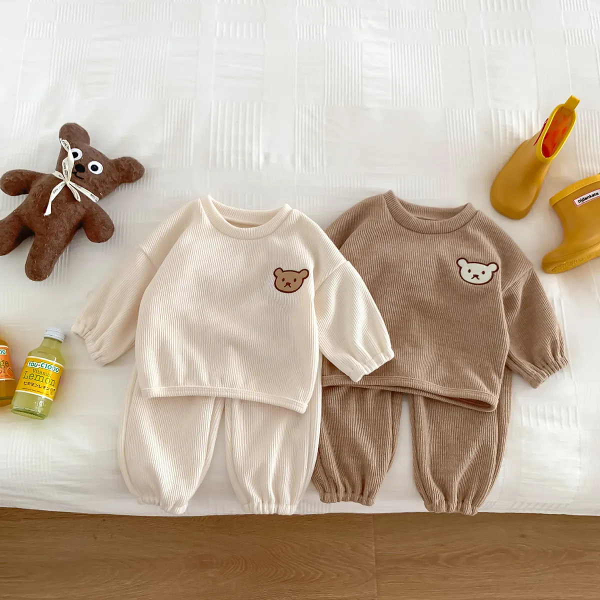 Kids Baby Boys Girls Casual Cute Cartoon Rib-Knit Long Sleeve Sweatshirts Pants Set Two-Piece Neutral Thickening Cotton
