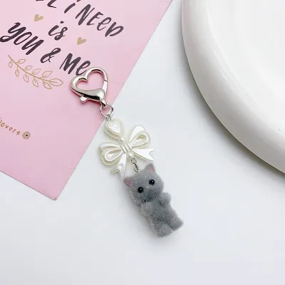 Women Fashion Sweet Y2k Cute Flocking Kitten Bow Heart Key Chain