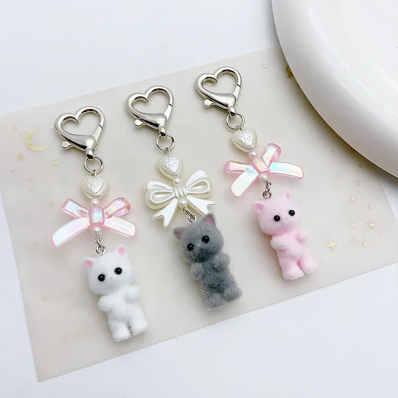 Women Fashion Sweet Y2k Cute Flocking Kitten Bow Heart Key Chain