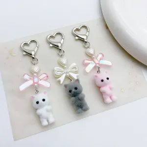 Women Fashion Sweet Y2k Cute Flocking Kitten Bow Heart Key Chain