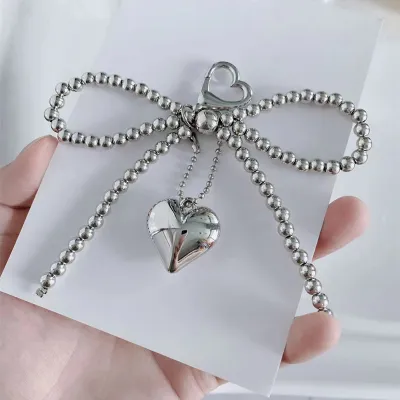 Women Simple Cute Pearl Bow Heart-Shaped Key Chain Pendant Alloy Fresh Sweet Keychain