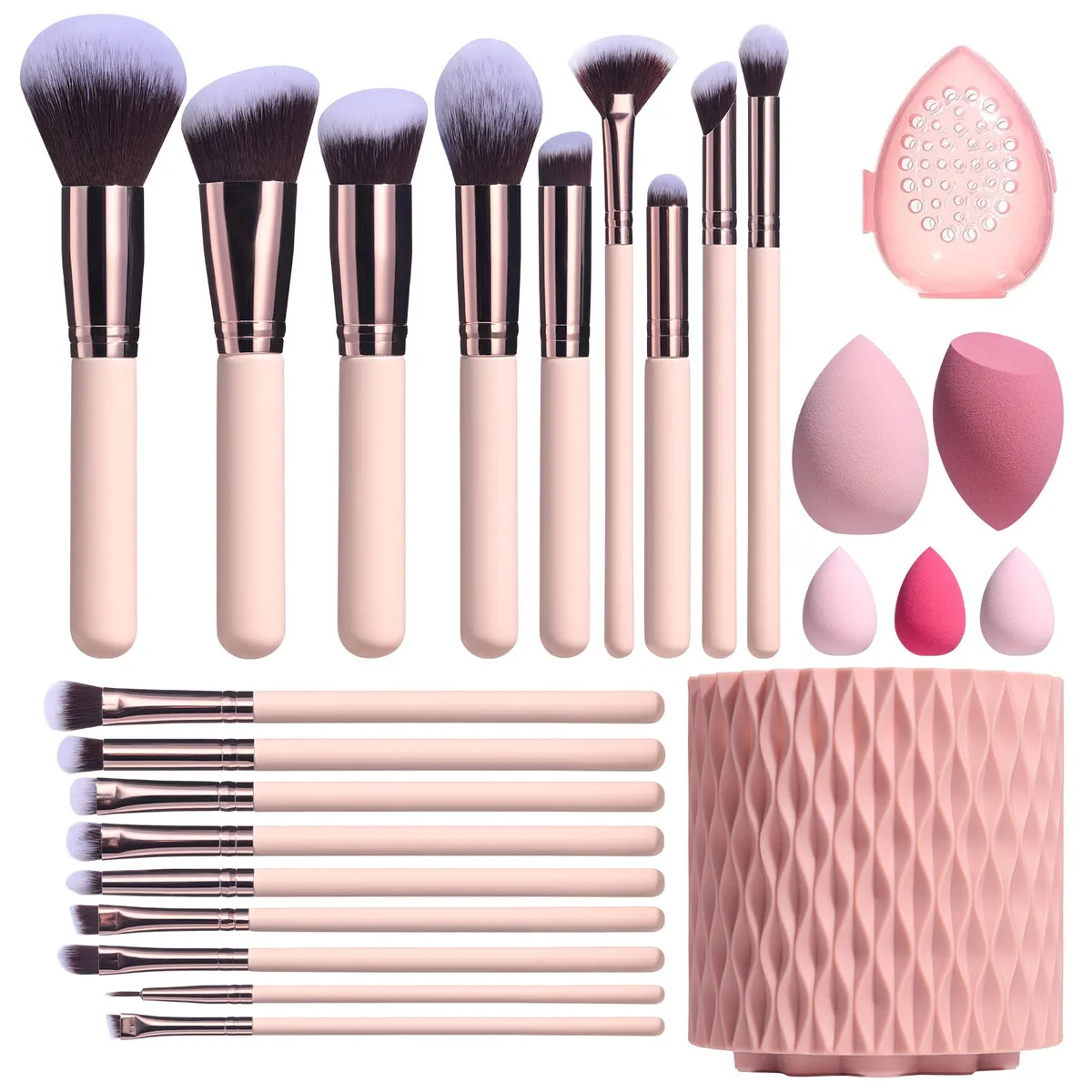 18 Pink Makeup Brush Rotating Barrel Puff Set Portable Wood Handle