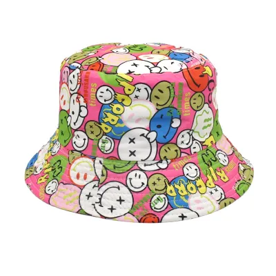 Summer Women Fashion Creative Smiley Panda Floral Print Sunshade Bucket Hats