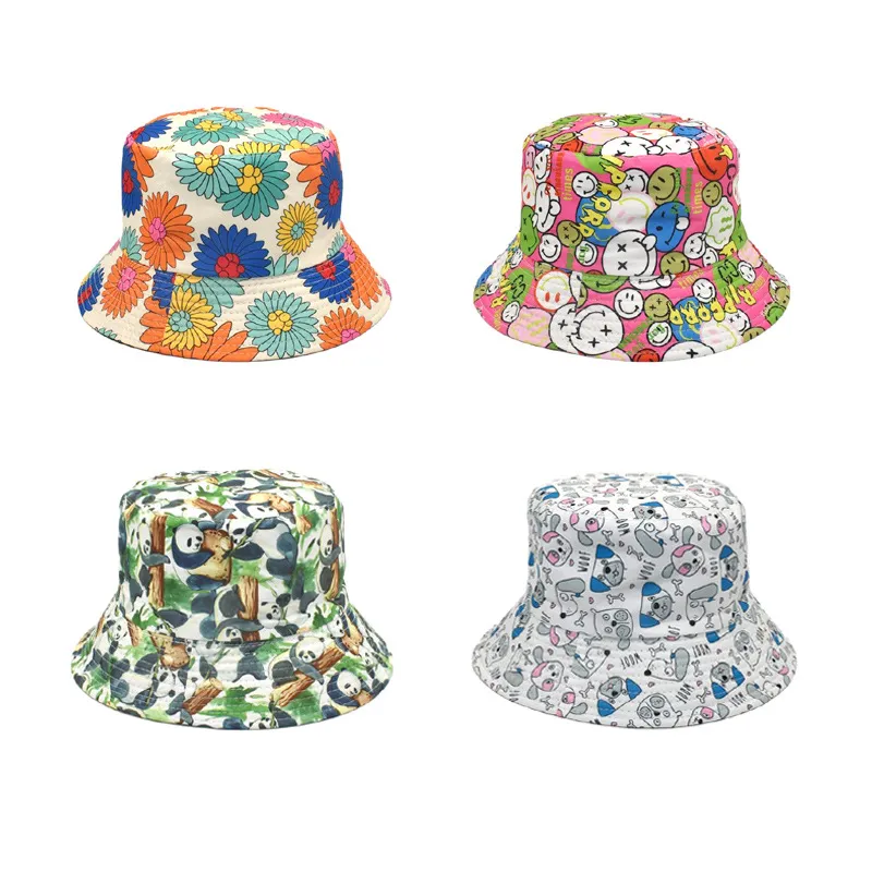 Summer Women Fashion Creative Smiley Panda Floral Print Sunshade Bucket Hats