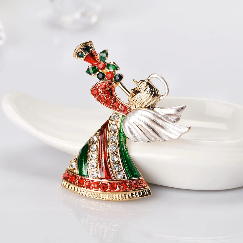 Women Cartoon Creative Christmas Angel Blow Horn Rhinestone Brooch
