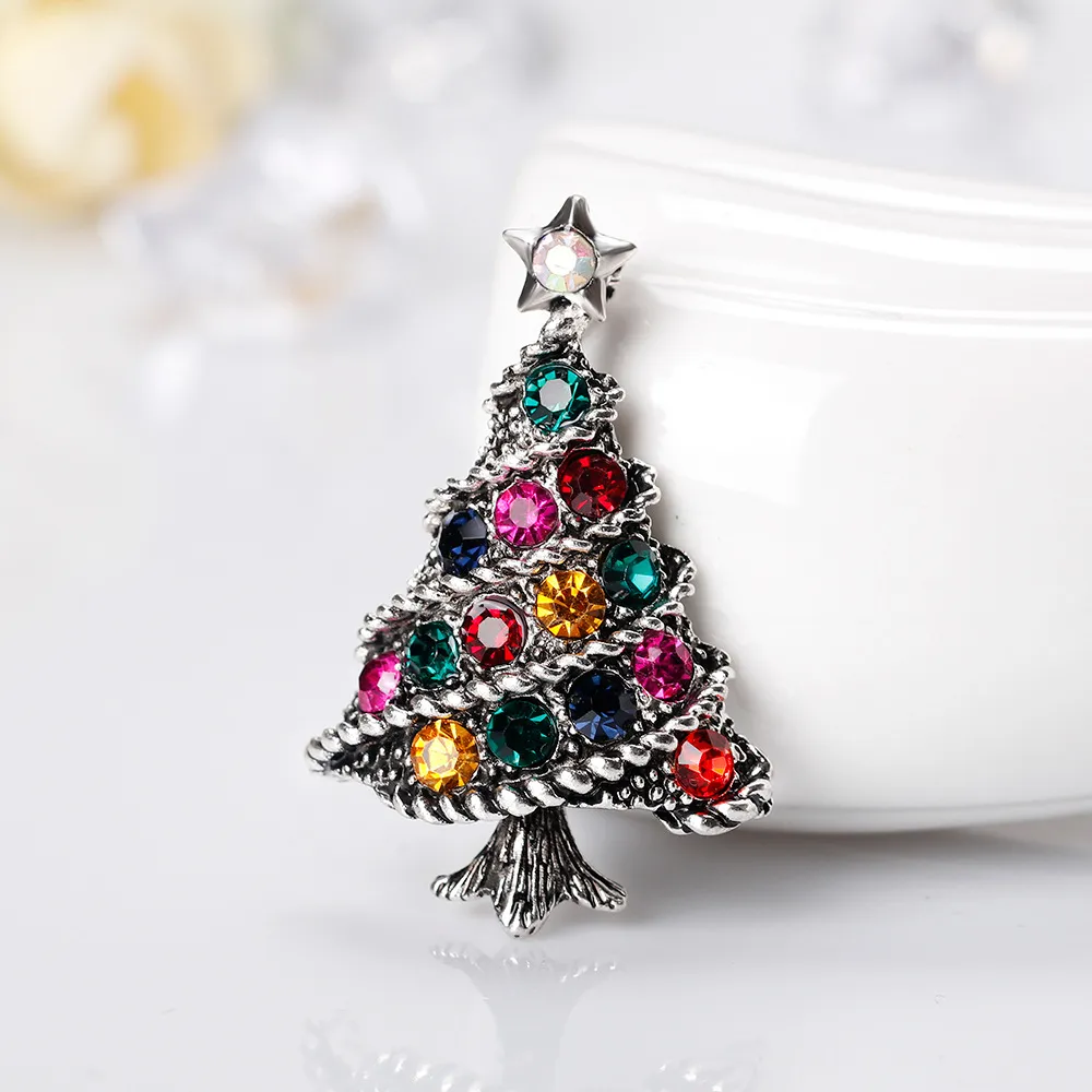 Fashion Multicolor Rhinestone Christmas Tree Alloy Brooch for Women Party