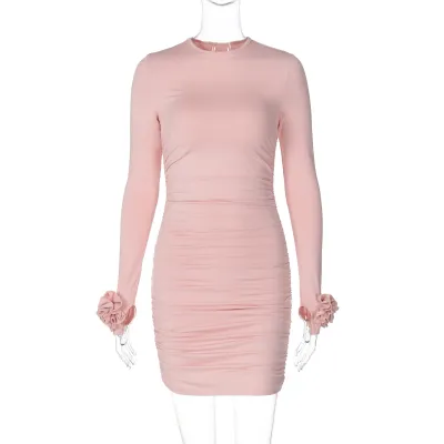 Women's Floral Print Long Sleeve Pullover Dress with Round Neck and Mid-Waist