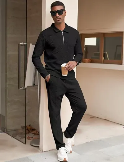 Men Fashion Casual Commuter Solid Color Half Zipper Long Sleeve Lapel POLO Shirt Trousers Sets