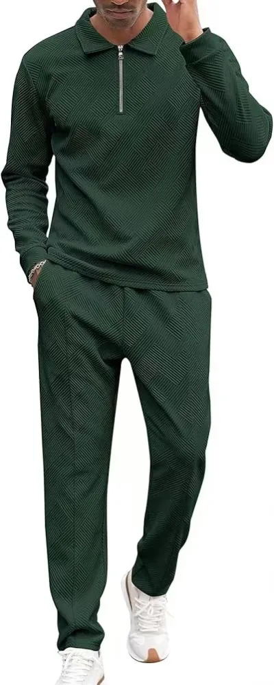 Men Fashion Casual Commuter Solid Color Half Zipper Long Sleeve Lapel POLO Shirt Trousers Sets