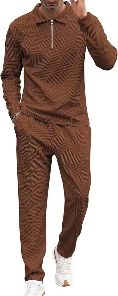 Men Fashion Casual Commuter Solid Color Half Zipper Long Sleeve Lapel POLO Shirt Trousers Sets