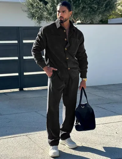 Men Fashion Casual Commuter Solid Color Double Pocket Long Sleeve Lapel Shirt Trousers Sets