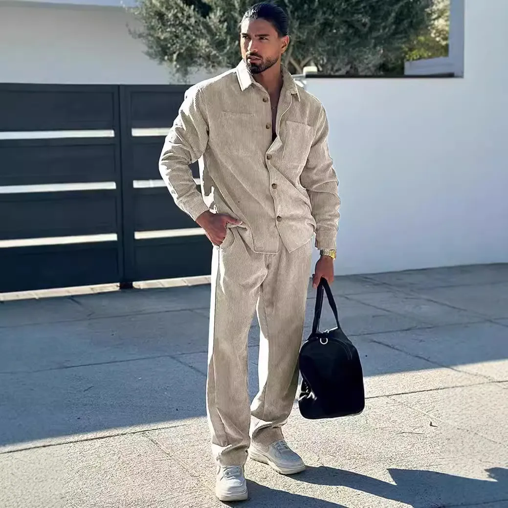 Men Fashion Casual Commuter Solid Color Double Pocket Long Sleeve Lapel Shirt Trousers Sets