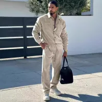 Men Casual Lapel Short-Sleeved Solid Color Waffle Polo Shirt And Shorts Two-Piece Set