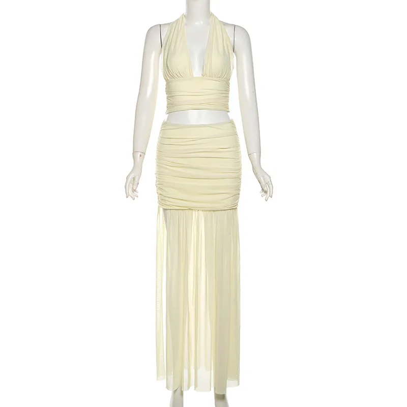 Wholesale Summer Women Fashion Sexy Deep V Halter Neck Crop Top Mesh