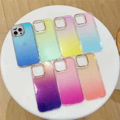 Women Fashion Glitter Gradient Plating Lens Ring Transparent Apple Mobile Phone Protective Case