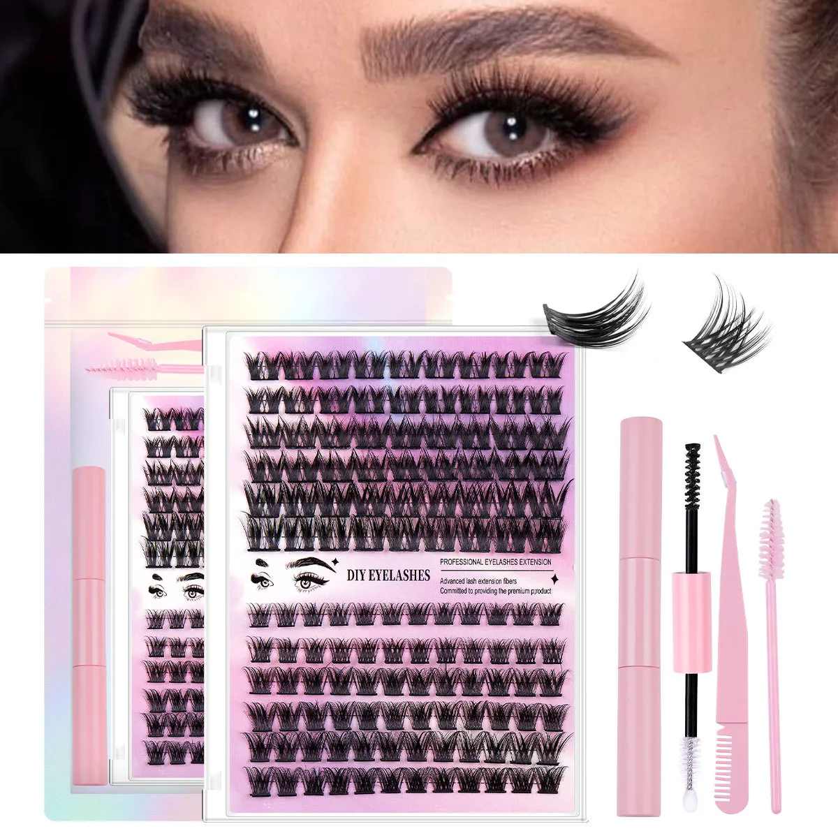 Women Natural Thick Segmented False Eyelash Glue Tweezers Set Beauty