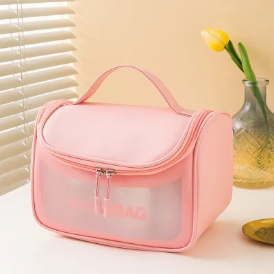 Women Simple Transparent Waterproof Large Capacity PU PVC Wash Cosmetic Bag Clamshell