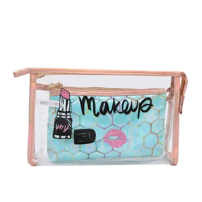 Women Simple Football PVC Transparent Toiletries Cosmetic Bag with Polyester Lining