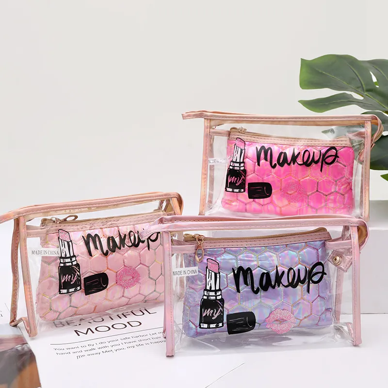 Women Simple Football PVC Transparent Toiletries Cosmetic Bag with Polyester Lining