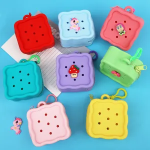 Women Cartoon Cute Mini Square Cave Coin Purse Silicone Solid Color