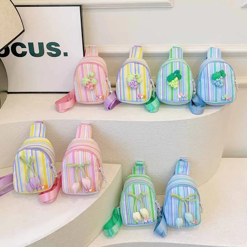 Kids Girls Fashion Casual Cute Flower Stripe Print PU Chest Bag