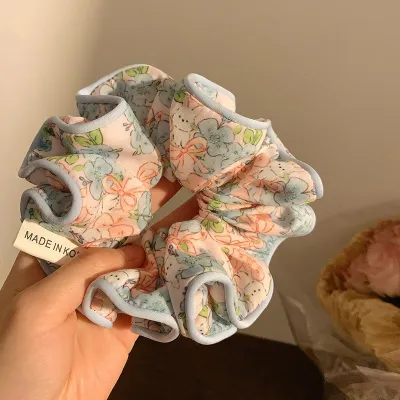 Women's Simple Tiny Flower Printed Fabric Large Intestine Hair Ring - High Elasticity