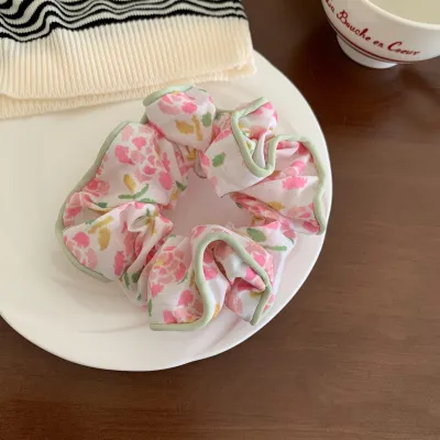 Women's Simple Tiny Flower Printed Fabric Large Intestine Hair Ring - High Elasticity