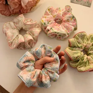 Women's Simple Tiny Flower Printed Fabric Large Intestine Hair Ring - High Elasticity