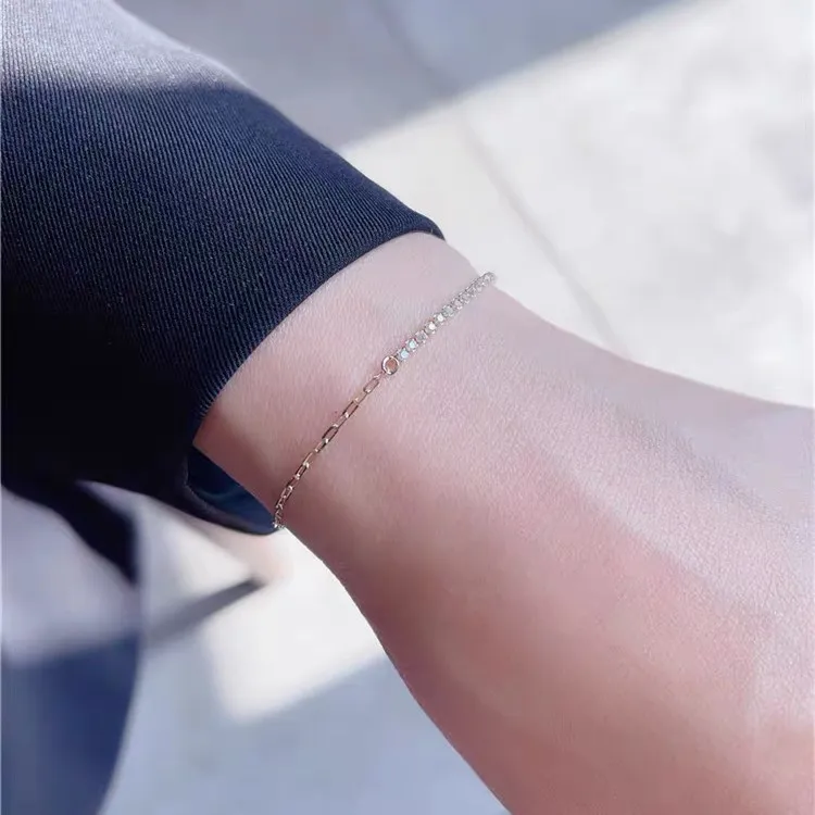 Women Simple Fashion Sterling Silver Rhinestone Geometric Chain Bracelet