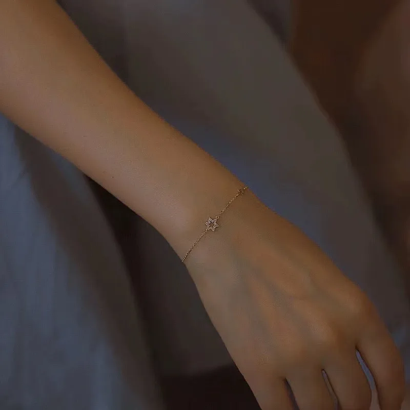 Simple Sterling Silver Star Rhinestone Bracelet Women