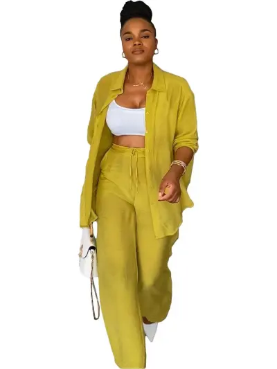 Women Casual Lapel Long Sleeve Shirt Top Pants Two-Piece Set