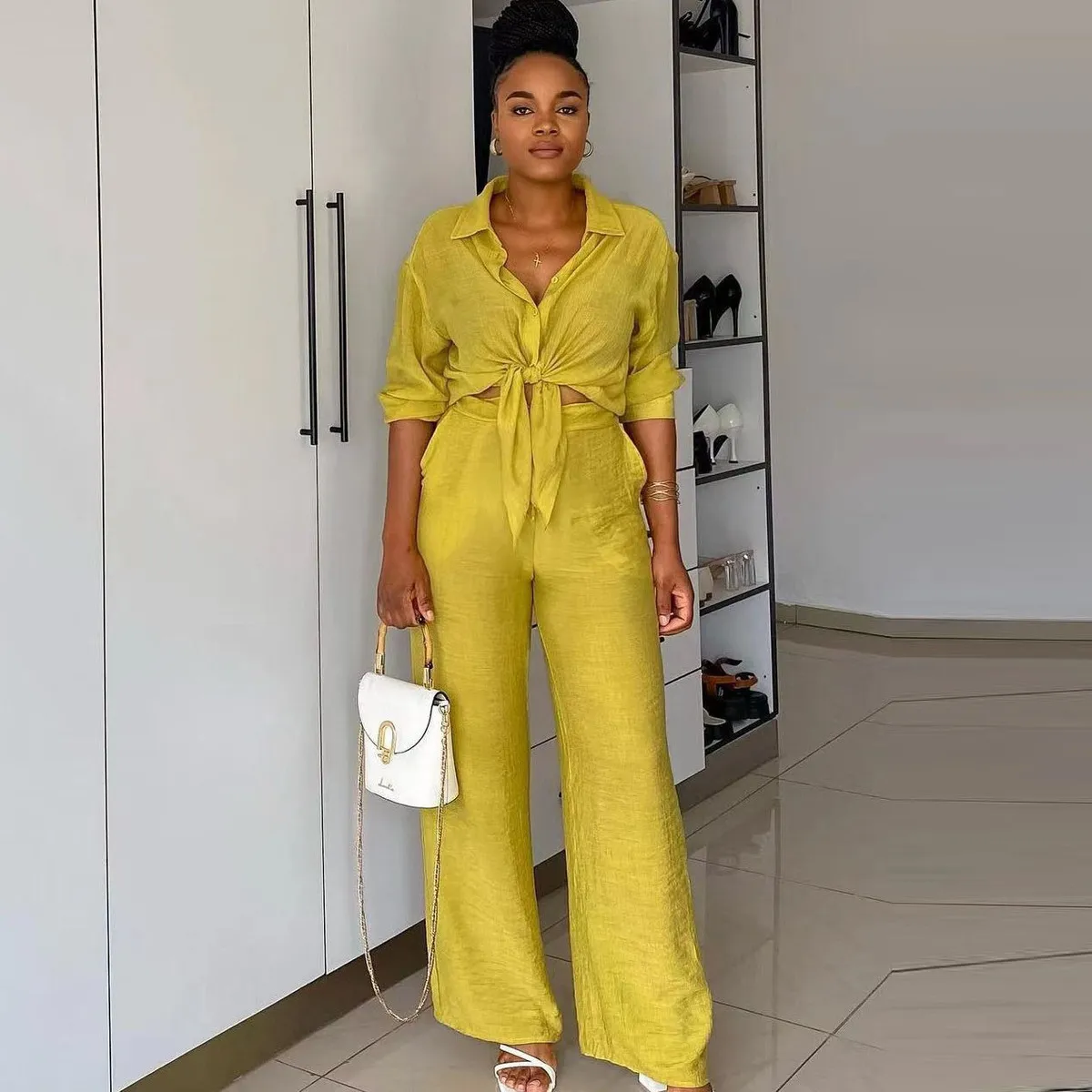 Women Casual Lapel Long Sleeve Shirt Top Pants Two-Piece Set