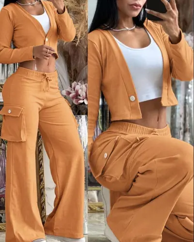 Women Casual Solid Color Long-Sleeved Crop Top Drawstring Wide-Leg Pants Set