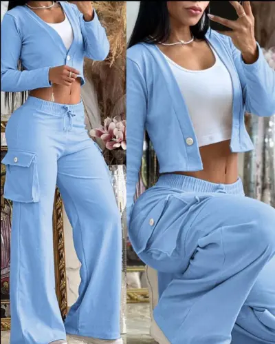Women Casual Solid Color Long-Sleeved Crop Top Drawstring Wide-Leg Pants Set