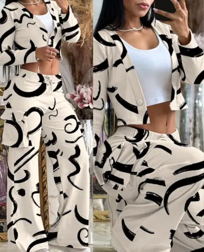 Women Casual Solid Color Long-Sleeved Crop Top Drawstring Wide-Leg Pants Set