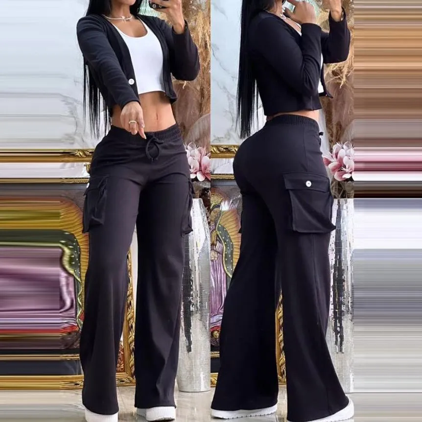 Women Casual Solid Color Long-Sleeved Crop Top Drawstring Wide-Leg Pants Set