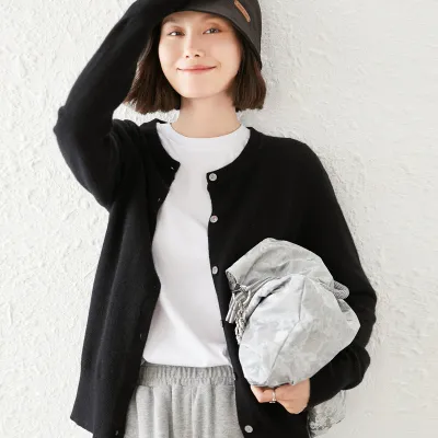 Autumn Women Solid Color Round Neck Long Sleeve Cardigan Knitted Sweater