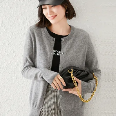 Autumn Women Solid Color Round Neck Long Sleeve Cardigan Knitted Sweater