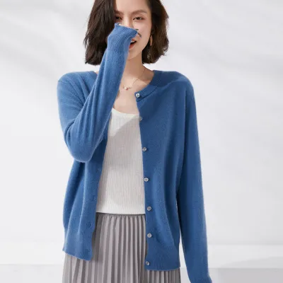 Autumn Women Solid Color Round Neck Long Sleeve Cardigan Knitted Sweater
