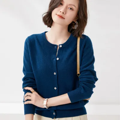 Autumn Women Solid Color Round Neck Long Sleeve Cardigan Knitted Sweater