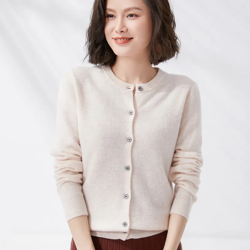 Autumn Women Solid Color Round Neck Long Sleeve Cardigan Knitted Sweater