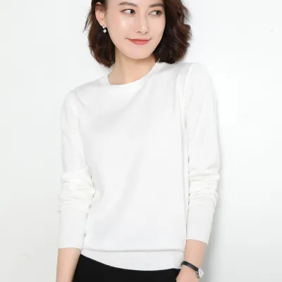 Women Casual Commuter Viscose Blend Thin Knitted Sweater Long Sleeve Round Neck Pullover