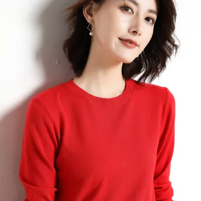 Women Casual Commuter Viscose Blend Thin Knitted Sweater Long Sleeve Round Neck Pullover