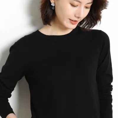 Women Casual Commuter Viscose Blend Thin Knitted Sweater Long Sleeve Round Neck Pullover